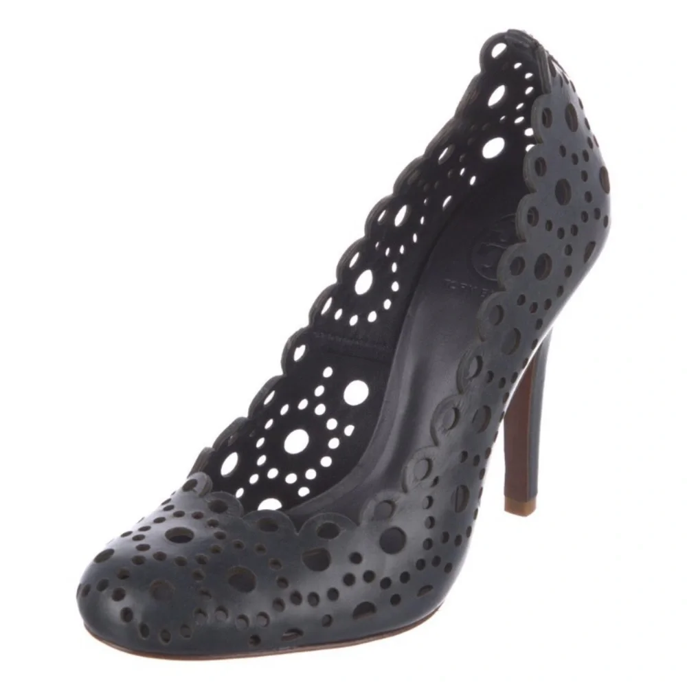 Tory Burch Verity Laser Cut Navy Blue Leather Pump 10.5